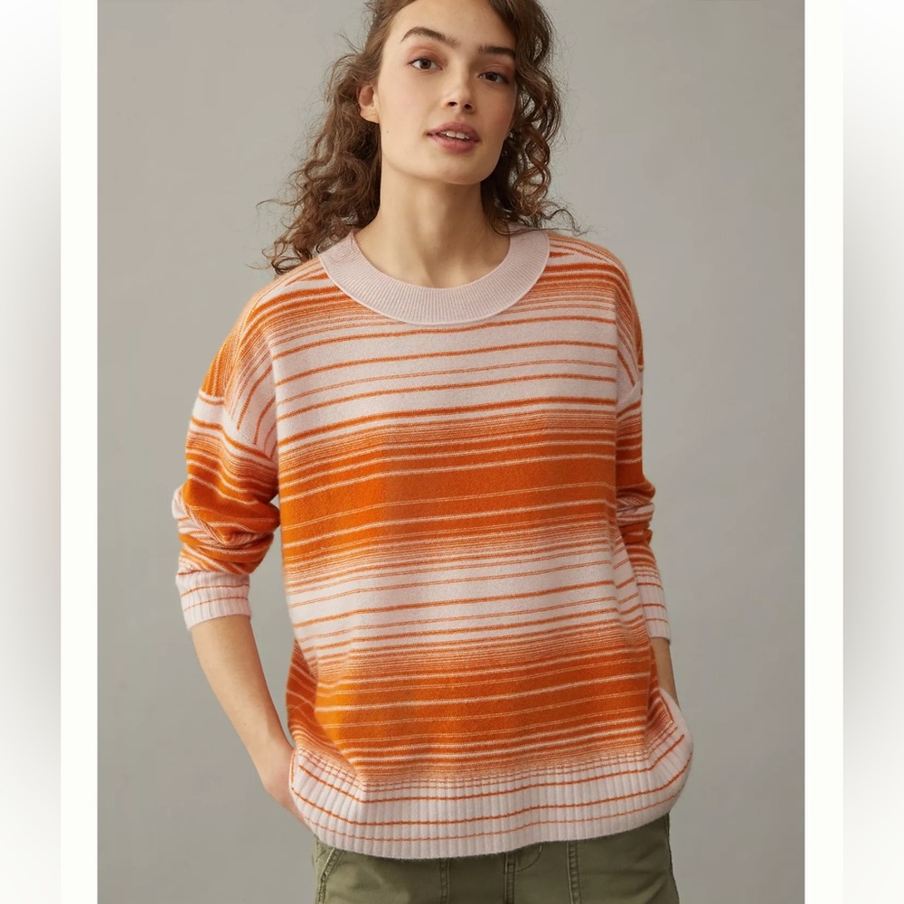 Pilcro Angie Seamed 100% Cashmere Sweater peach orange stripe creamsicle S